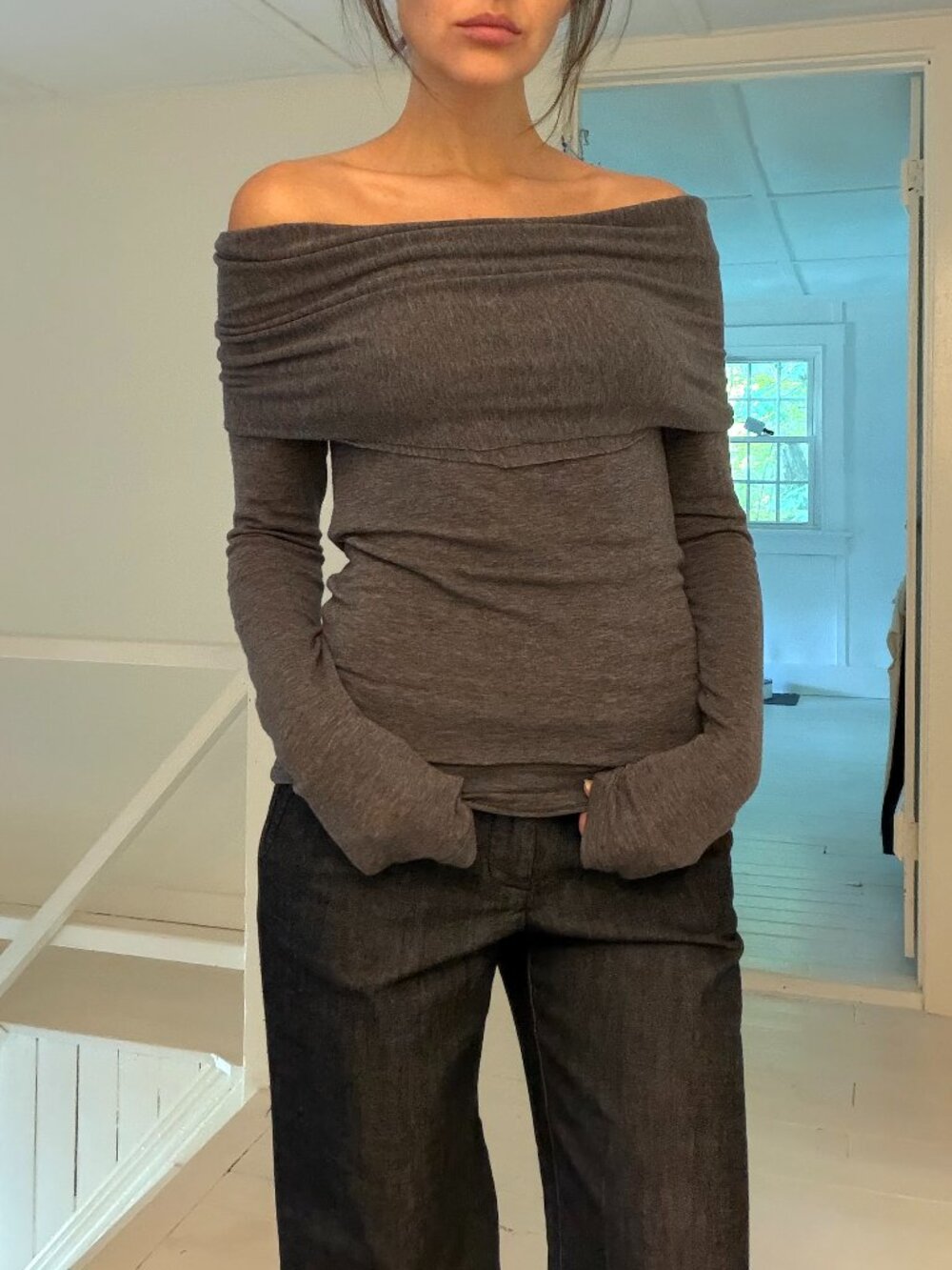Source Unknown Jersey Knit Off Shoulder Overlay Top OS Heather Grey